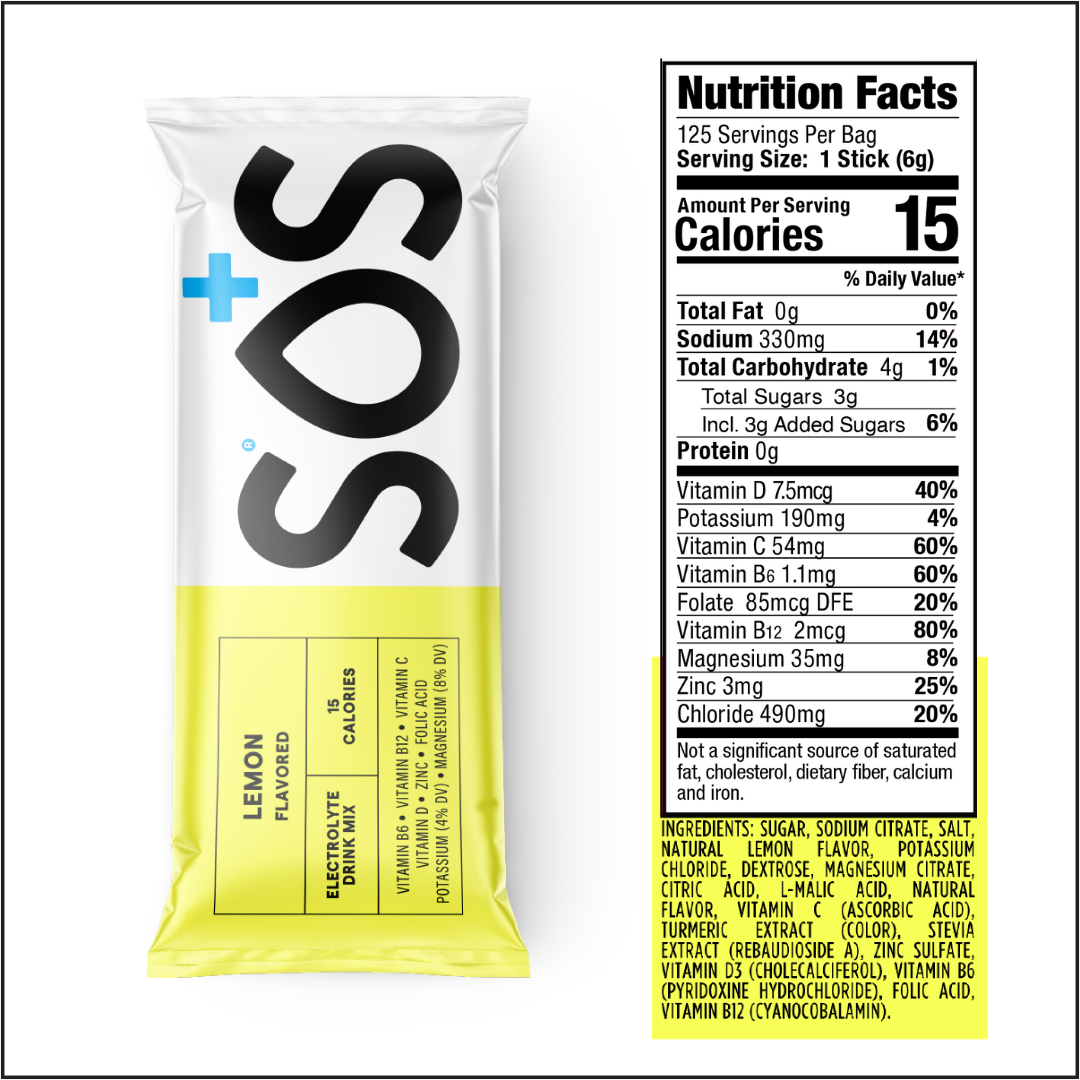 SOS Daily Electrolyte Stick Packet Lemon -125 sticks bulk pack