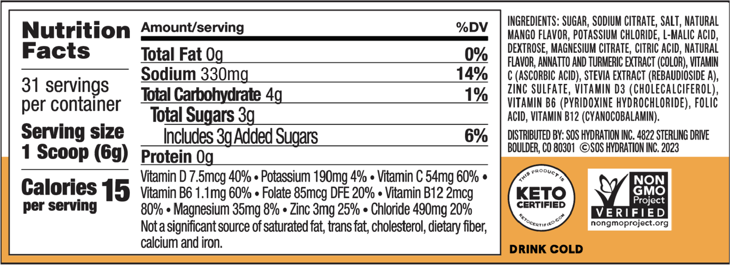 SOS Daily – Electrolyte Powder – Mango Flavor, 31 Serving Tub