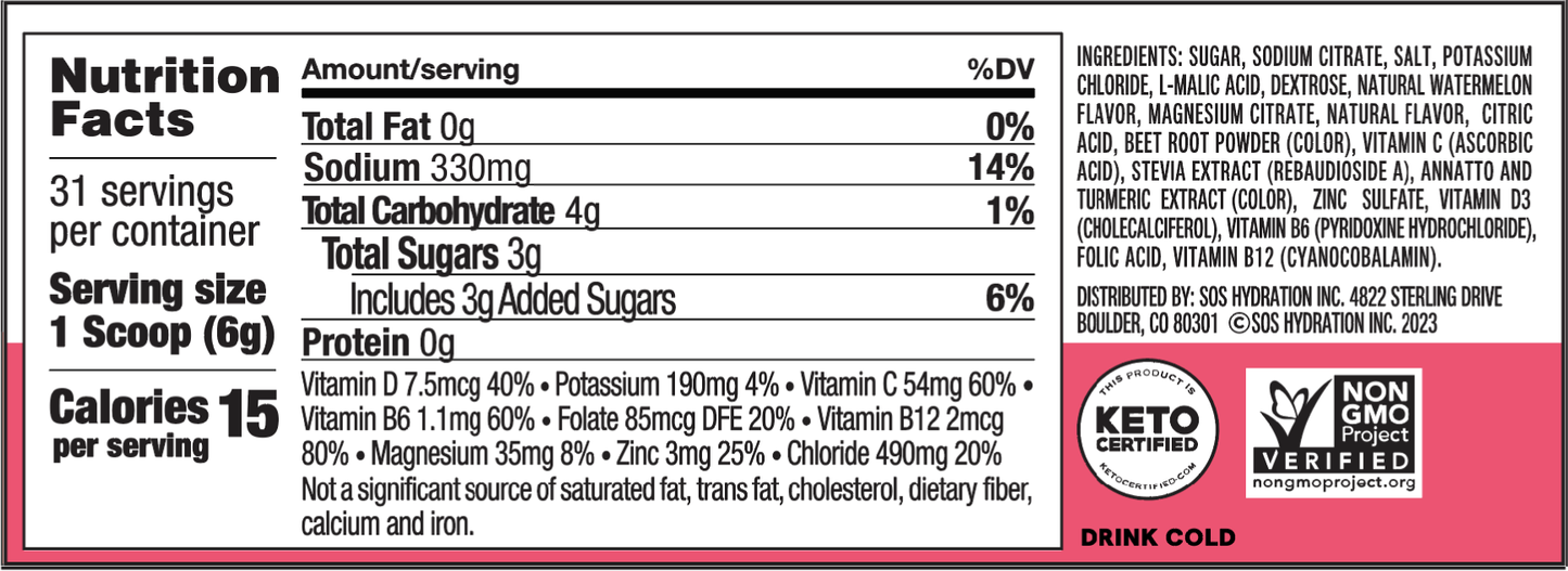 SOS Daily – Vitamin Enhanced Electrolyte Powder – Watermelon Flavor, 31 Serving Tub