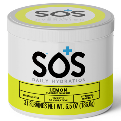 SOS Daily Hydration lemon flavored drink mix container on a white background