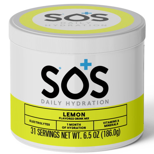 SOS Daily Hydration lemon flavored drink mix container on a white background