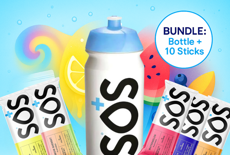 SOS drink package bundle with a bottle and 10 sticks on a colorful background